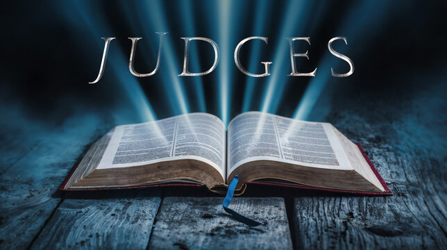 The book of Judges. Open bible with blue glowing rays of light. On a wood surface and dark background. Related to this book: leadership, cycle, rebellion, israelites, idolatry, deborah, gideon