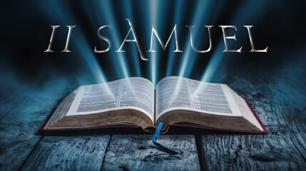 The book of 2 Samuel. Open bible with blue glowing rays of light. On a wood surface and dark background. Related to this book: Kingship, David, Covenant, Jerusalem, Victory, Absalom, Bathsheba - obrazy, fototapety, plakaty