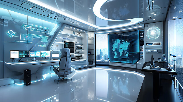Interior of a modern and futuristic tech workspace and office image.