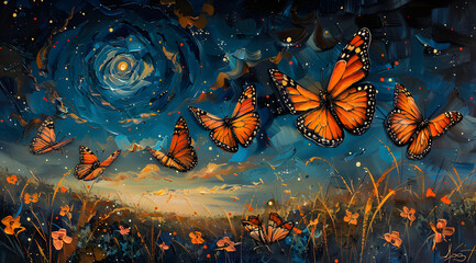 Dynamic Blend: Butterflies Mirror Van Gogh's Starry Night in Oil