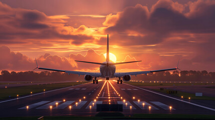 Flight landing on runway, beautiful sunset in background - obrazy, fototapety, plakaty
