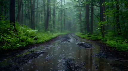 A forest during a heavy rain, using HDR to capture the saturation of colors and the wet surfaces reflecting the dim light