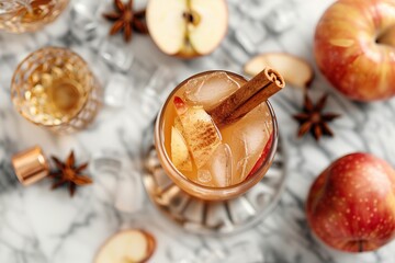 A glass of apple cider with cinnamon and star anise on a marble table