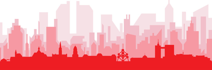 Red panoramic city skyline poster with reddish misty transparent background buildings of BRUSSELS, BELGIUM