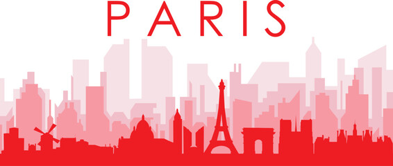 Fototapeta premium Red panoramic city skyline poster with reddish misty transparent background buildings of PARIS, FRANCE