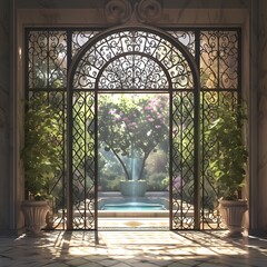 Sun-drenched Elegance - A Sunlit Marble Courtyard with Greek-inspired Archway