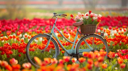 Gordijnen A bicycle in a field of tulips with a basket of tulips as well © Emma