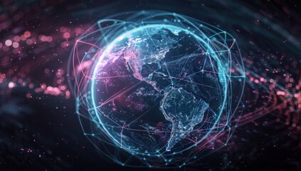 Glowing blue and purple lines orbit around the globe, representing global connectivity and technology's impact on world events in dark background Generative AI
