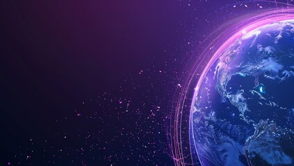 Obraz premium Blue and purple glowing lines spinning around the globe A dark blue gradient background with planet earth A design element in the style of a digital style for an advertising banner Generative AI