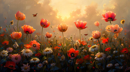 Dynamic Blossoms: Tulips and Daisies Evolve Through Sunrise to Midday in Oil - obrazy, fototapety, plakaty