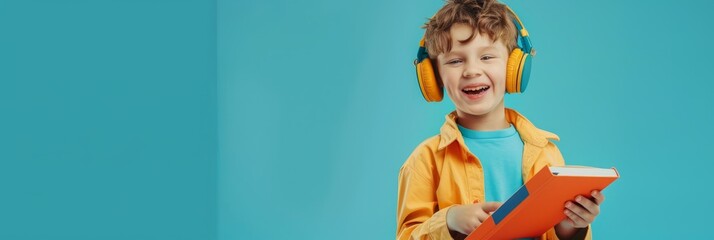 a boy wearing headphones is depicted holding a book against a blue background
