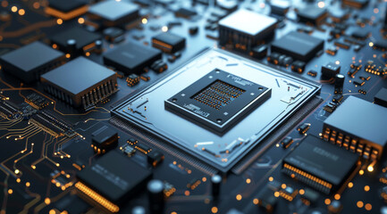Fototapeta premium Close-up of a microchip on a circuit board highlighting technology and electronics, ai generated