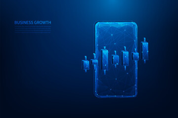 stock market trading growth with smartphone digital technology.finance trading low poly wireframe.vector illustration fantastic design on blue background.