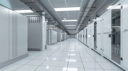 Fototapeta premium Clean and sterile data center corridor with rows of server racks, ai generated