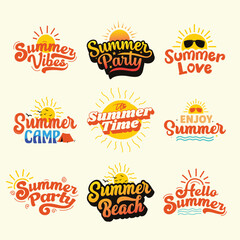 Summer typography logo set. Retro lettering bundle for Summer party. Summer Vector collection for t shirt print. Summer element, greeting card, poster, banner. Sun vector. Orange color hand drawn text