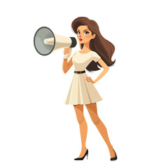 A woman speaks into a loudspeaker, a horn, a flat illustration isolated on a white background