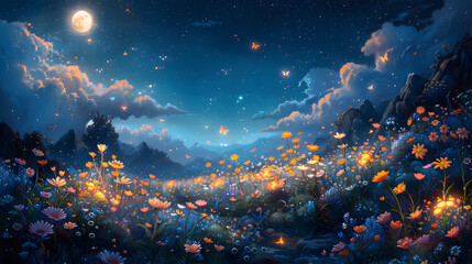 Fototapeta na wymiar Magical Garden Glow: Serene Scene with Glowing Flowers and Butterflies