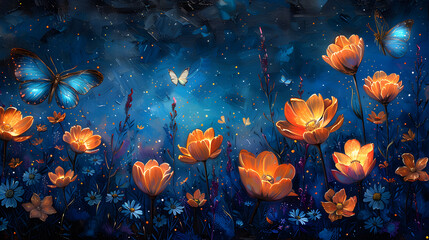 Fototapeta na wymiar Nighttime Garden Magic: Moonlit Bioluminescent Garden with Glowing Flowers