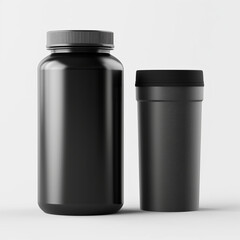 mockup of a tall black plastic protein container, front shot and overhead shot, white background сreated with Generative Ai