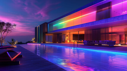  A striking scene capturing the beauty of a modern villa bathed in colorful LED lights, standing...
