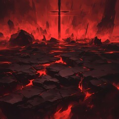 Enduring Conflict in a Barren Landscape - A powerful image of an apocalyptic battlefield with shattered remnants and the silhouette of a cross. - obrazy, fototapety, plakaty
