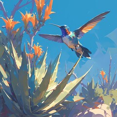 Brightly Colored Hummingbird Flies Past Desert Plants in Vibrant Digital Artwork