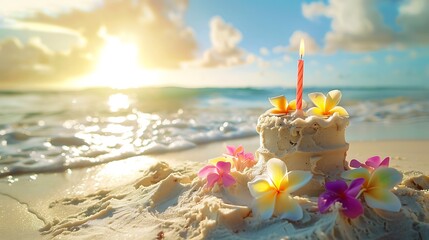 A sandcastle birthday cake with candle and lei on a tropical vacation beach paradise