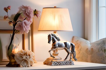 beautiful side lamp or candle light home decorative floral pattern horse sculpture figurine art piece in classic antique collector style banner. - obrazy, fototapety, plakaty