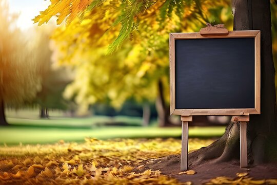 chalkboard or blackboard as signboard mockup in the park or forest at autumn fall season for school.