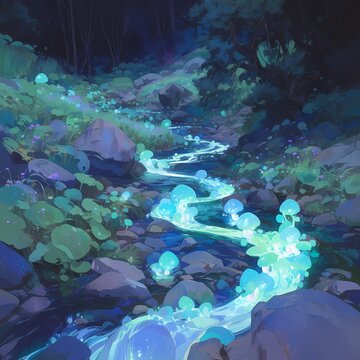 A magical river winding through a mystical forest, its waters touched by enchanting light.