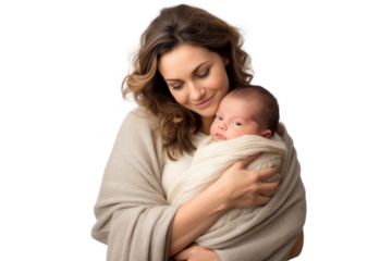 Portrait of mom holding baby with her arms isolated on transparent png background, love moment, newborn sleeping tenderly in arms, cute little infant.