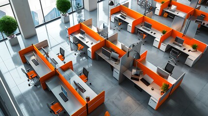An aerial view of office cubicles at a modern call center