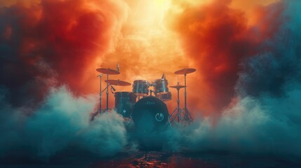 Dramatic Drum Set on Stage with Colorful Smoke and Lights