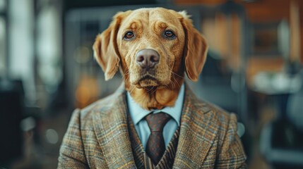 A businessman with a dog's head in a business suit and tie, wearing glasses on a blurred background. Wolf character