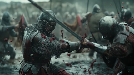 Foot medieval soldiers engage in brutal hand-to-hand combat amidst a sea of blood and mud