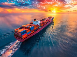 Cargo Container Ship Sailing at Sunset on Serene Ocean Landscape - obrazy, fototapety, plakaty