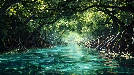 Lush Mangrove Forest Oasis with Serene Turquoise Waterway