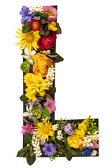 Letter L made of real natural flowers and leaves on transparent background.