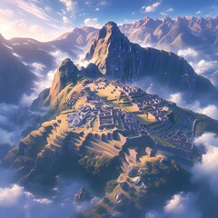Stunning Aerial Shot of Ancient Incan City of Machu Picchu in Peru with Cloud Cover - obrazy, fototapety, plakaty