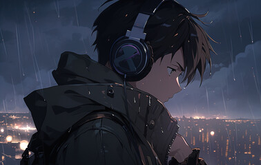 Fototapeta premium sad lonely anime boy in large headphones in the rain against the backdrop of the night city, profile view