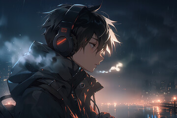 Obraz premium profile portrait of an anime guy listening to music in large headphones against in night city in the rain