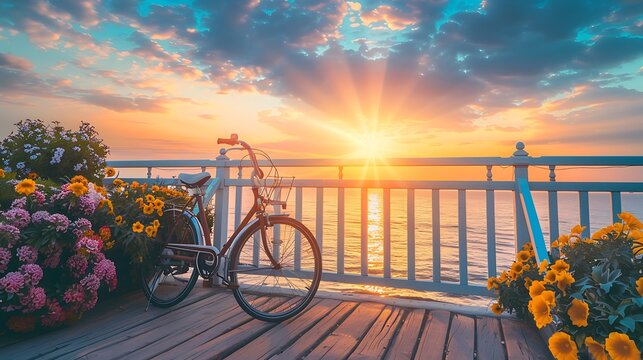 Beautiful sunrise with flowers and bicycles on the bridge in spring