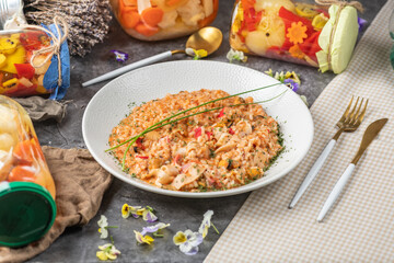 Salmon in sauce: Succulent salmon fillets served in a flavorful sauce, providing a delicious and wholesome main course option packed with protein and omega-3 fatty acids.