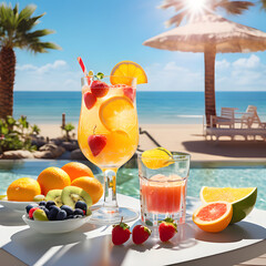 fruits and cocktail on the beach