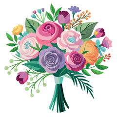 Wedding bouquet of flowers with a pink ribbon. The flowers are of various colors and sizes, and they are arranged in a way that creates a sense of harmony and balance. Scene is one of beauty and