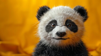 Cute baby panda bear sitting on yellow background. Baby animal.