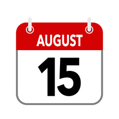 15 August, calendar date icon on white background.
