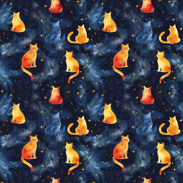 seamless pattern of watercolor orange cats on dark blue space background