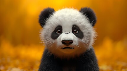Portrait of a cute panda bear on a yellow background.