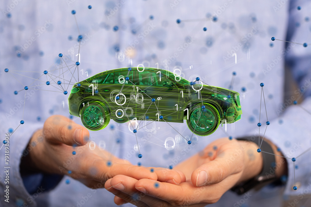 Poster Autonomous car with HUD graphic of Navigation system driving